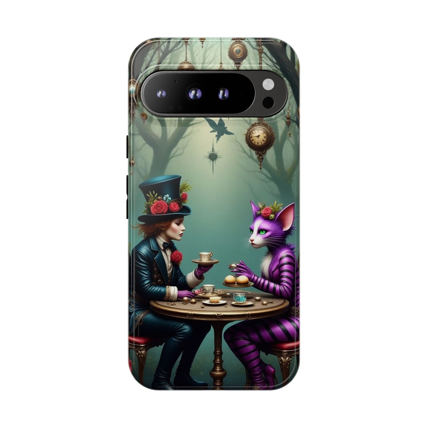 Whimsical Phone Case with Cat and Mad Hatter Design, Perfect for Gifting, Fantasy Lovers, Tea Party Theme, Tough Cases