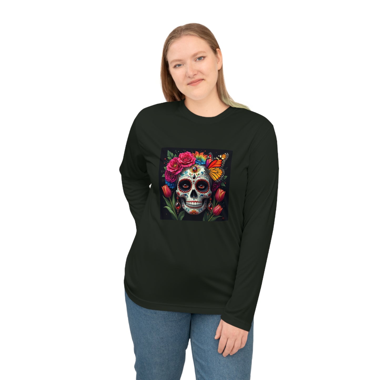 Skull and Butterfly Graphic Performance Long Sleeve Shirt | Fitness Wear, Casual Style, Gift for Her, Halloween Apparel, Day of the [...]