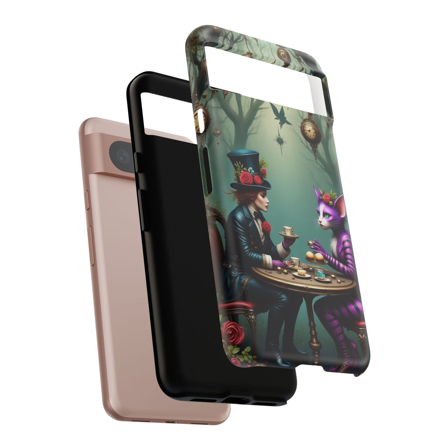 Whimsical Phone Case with Cat and Mad Hatter Design, Perfect for Gifting, Fantasy Lovers, Tea Party Theme, Tough Cases