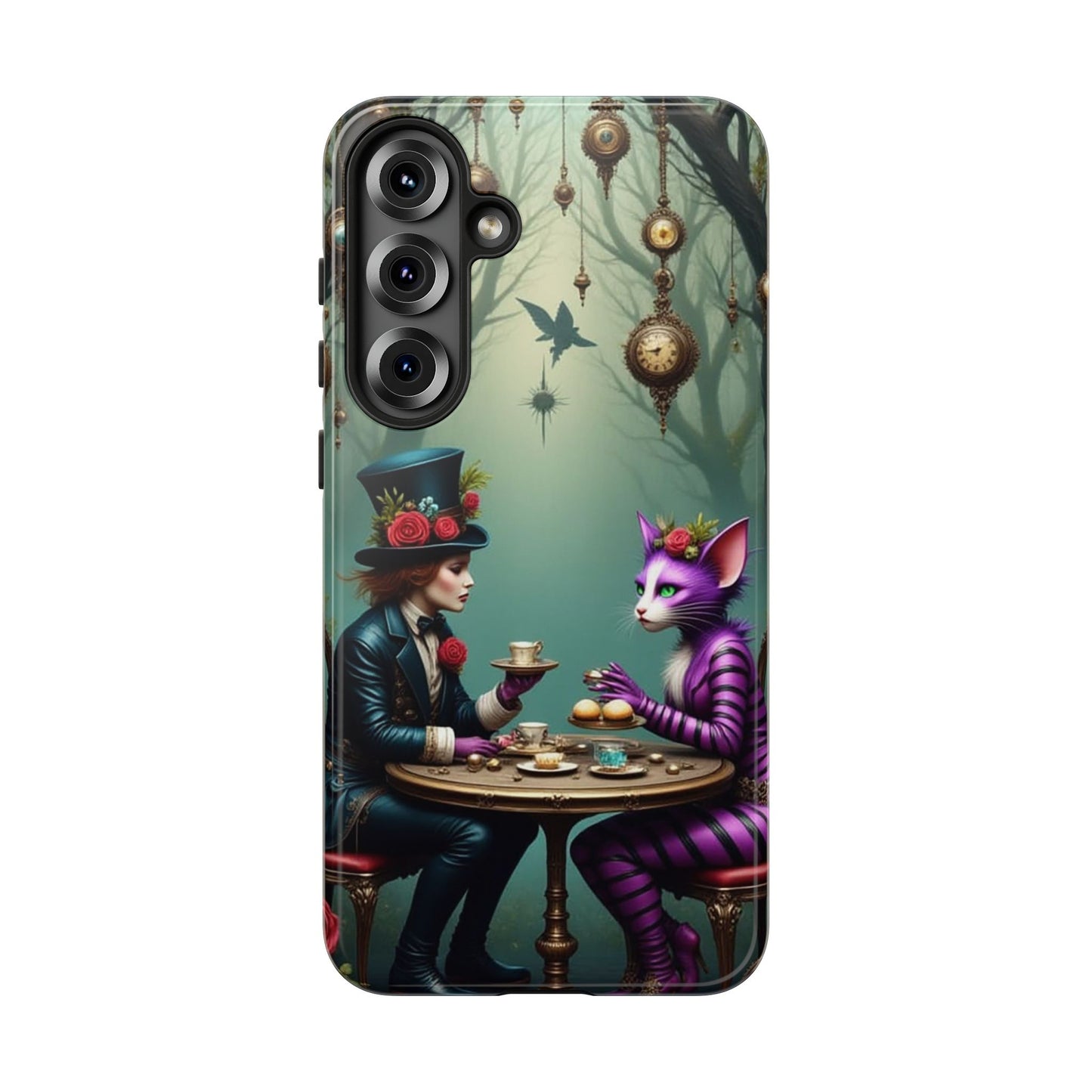 Whimsical Phone Case with Cat and Mad Hatter Design, Perfect for Gifting, Fantasy Lovers, Tea Party Theme, Tough Cases