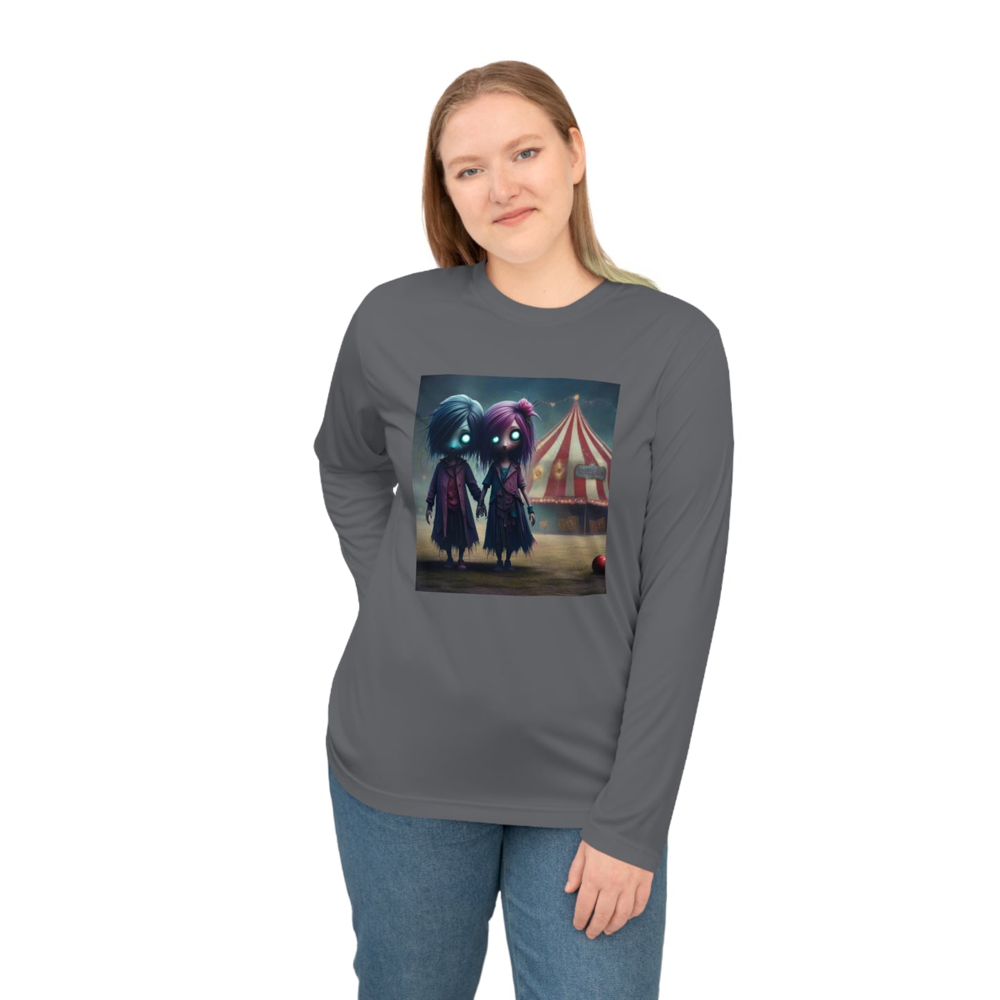 Eerie Circus Long Sleeve Performance Shirt, Unisex Athletic Wear, Spooky Costume Tee, Halloween Apparel, Unique Gift Idea