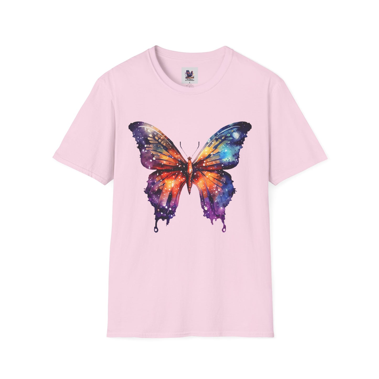 Colorful Space Butterfly Art Unisex Softstyle T-Shirt, Colorful Tee, Nature-Inspired Apparel, Cute Graphic Shirt