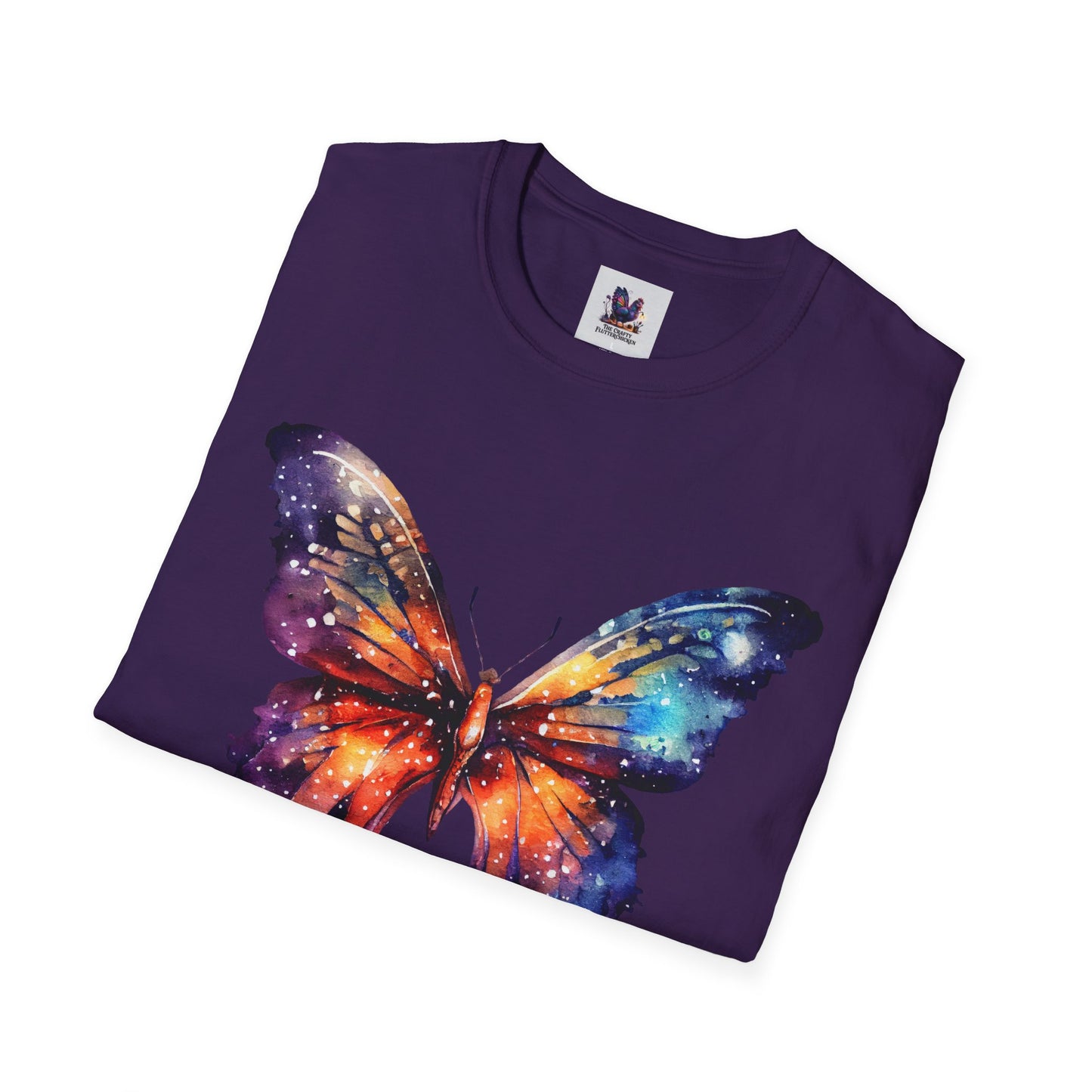 Colorful Space Butterfly Art Unisex Softstyle T-Shirt, Colorful Tee, Nature-Inspired Apparel, Cute Graphic Shirt