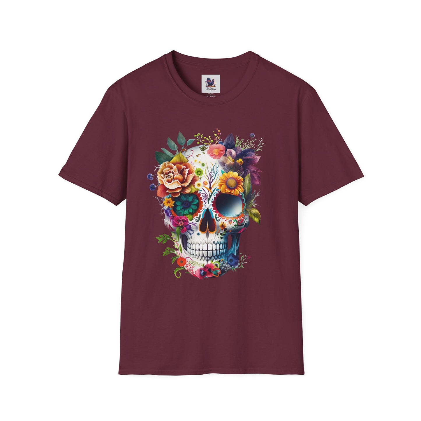 Colorful Sugar Skull with Flowers Art Unisex Softstyle T-Shirt, Colorful Tee, Cute Graphic Shirt