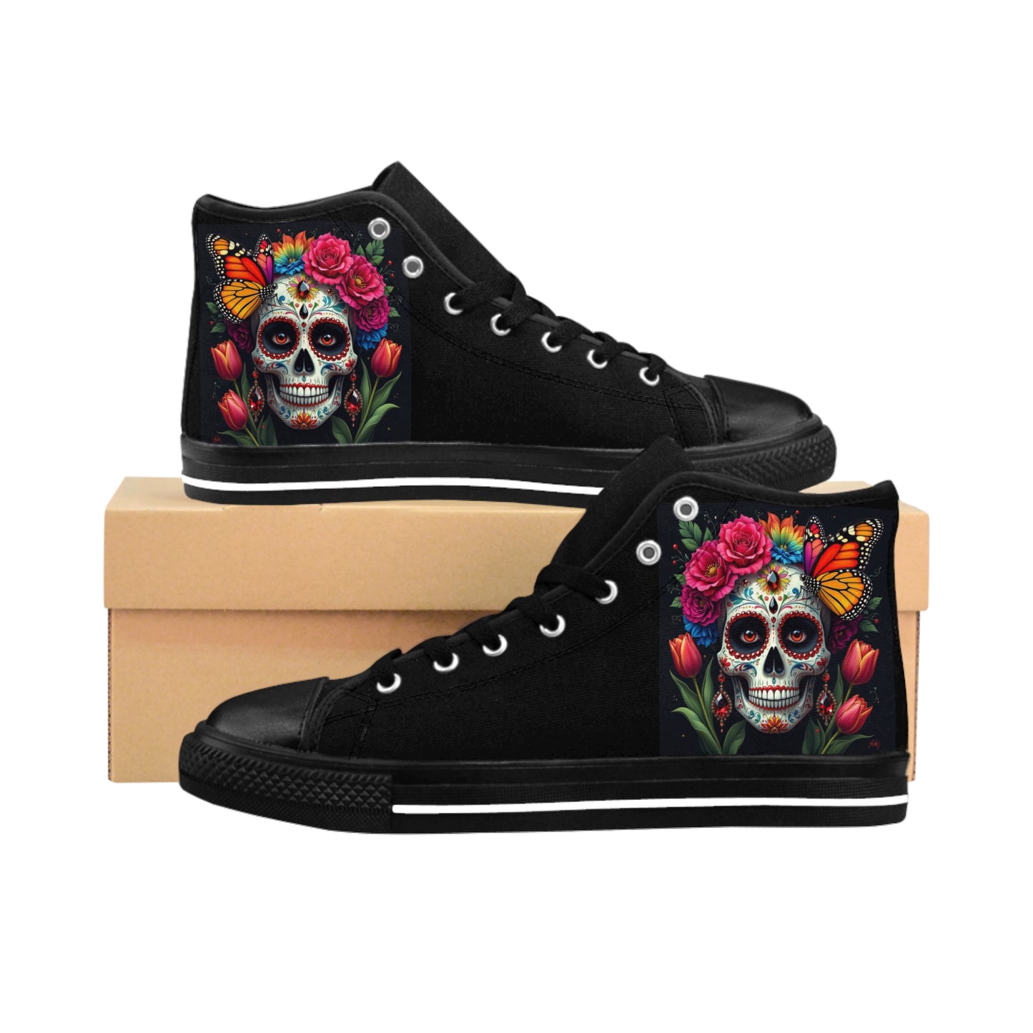 Colorful Sugar Skull Womens Sneakers, Unique High-Top Sneakers, Boho Chic Footwear, Day of the Dead Style Shoes, Floral Skull Art Shoes