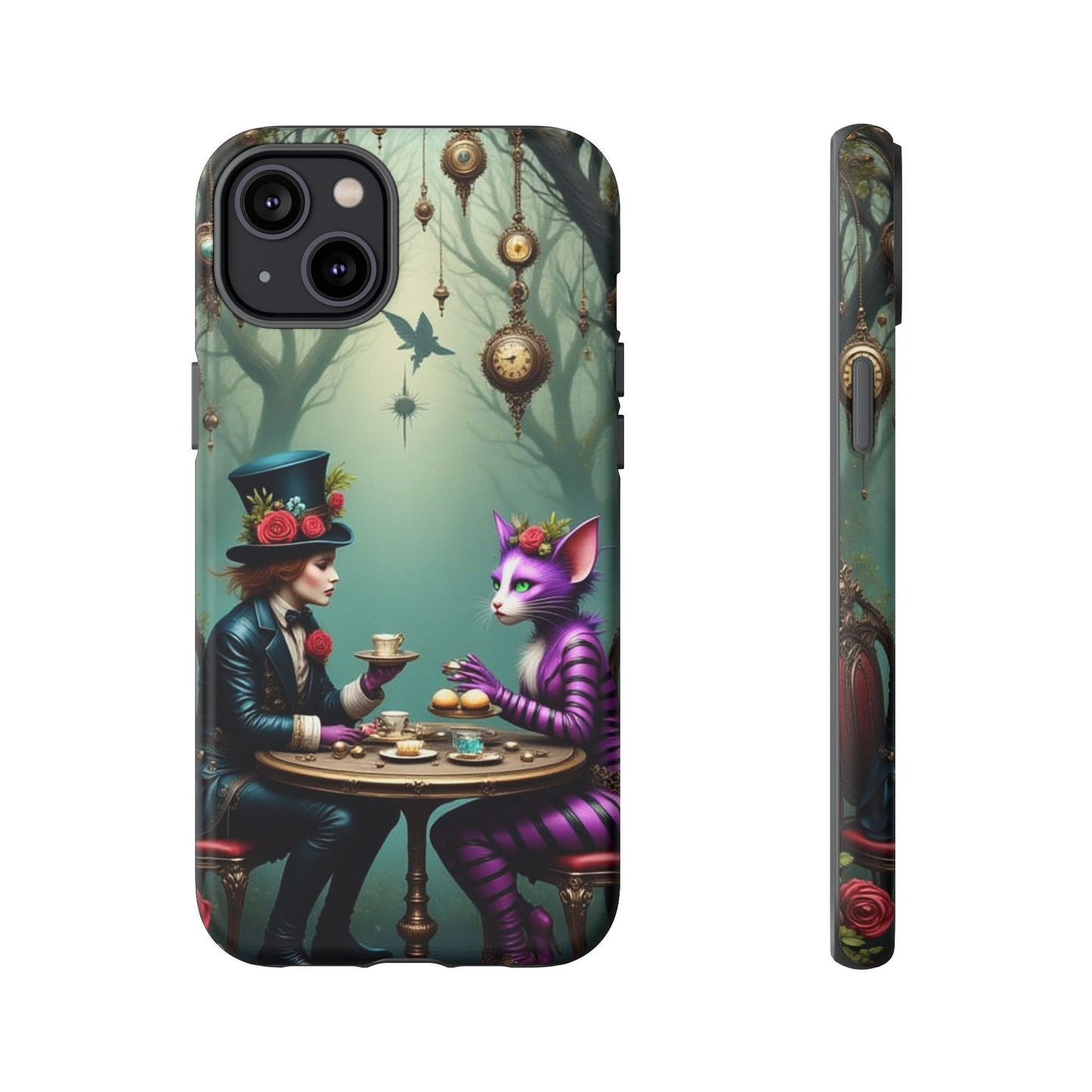 Whimsical Phone Case with Cat and Mad Hatter Design, Perfect for Gifting, Fantasy Lovers, Tea Party Theme, Tough Cases