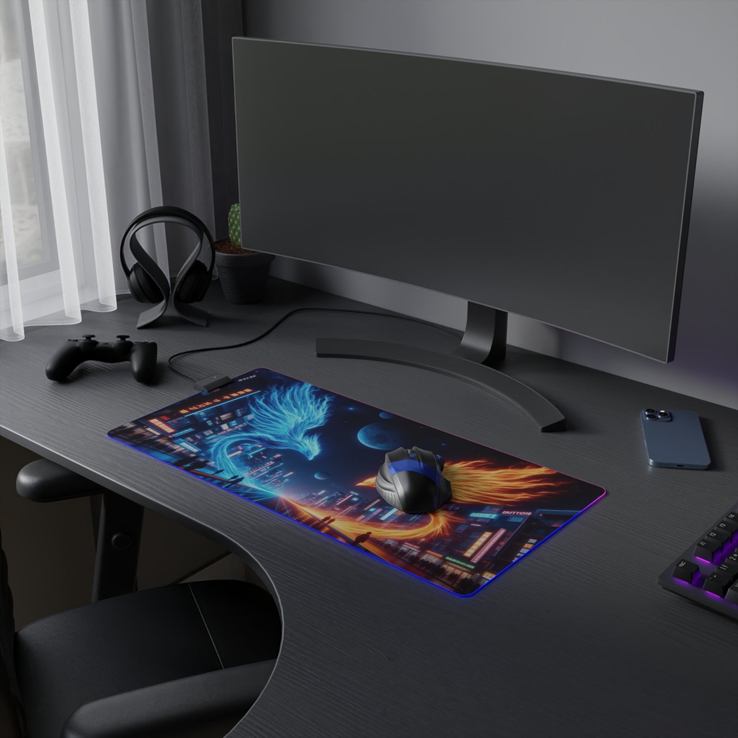 LED Gaming Mouse Pad with Neon Phoenix Design, PC Accessories for Gamers, RGB Customizable Desk Mat, Gift for Gamers, Gaming Setup Decor