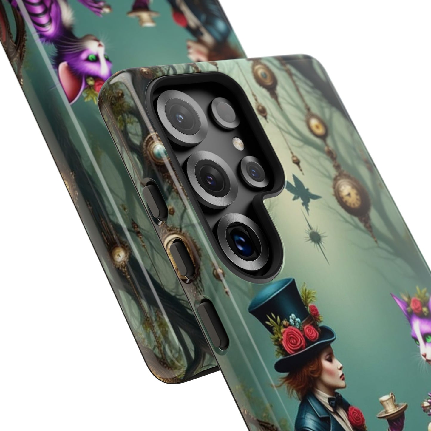 Whimsical Phone Case with Cat and Mad Hatter Design, Perfect for Gifting, Fantasy Lovers, Tea Party Theme, Tough Cases