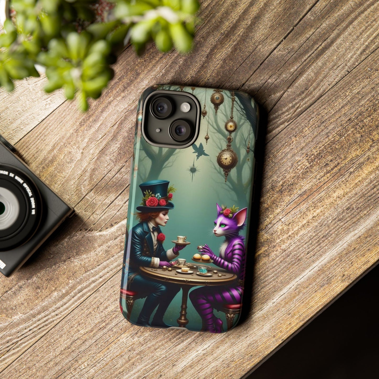 Whimsical Phone Case with Cat and Mad Hatter Design, Perfect for Gifting, Fantasy Lovers, Tea Party Theme, Tough Cases