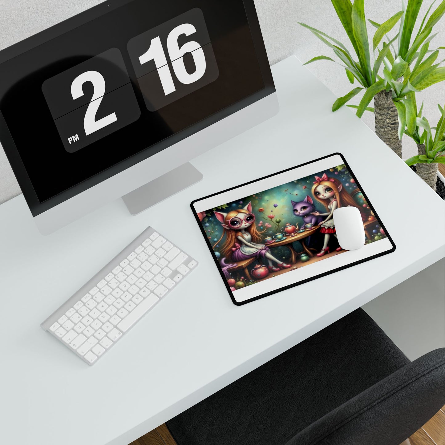 Whimsical Cat & Tea Party Desk Mat, Cute Mouse Pad, Home Office Decor, Gaming Desk Accessories, Gift for Cat Lovers