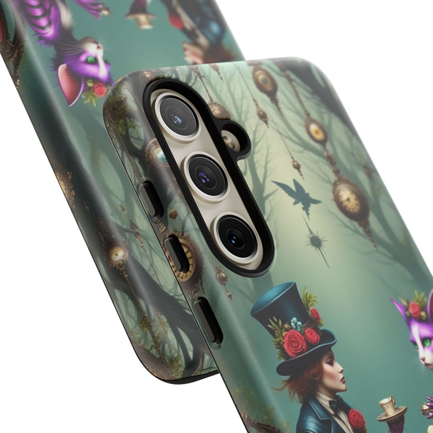 Whimsical Phone Case with Cat and Mad Hatter Design, Perfect for Gifting, Fantasy Lovers, Tea Party Theme, Tough Cases