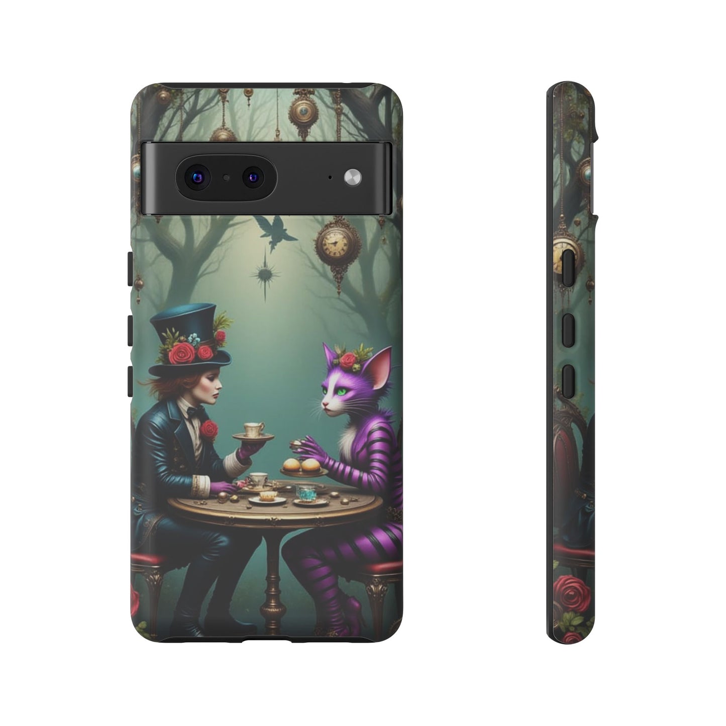 Whimsical Phone Case with Cat and Mad Hatter Design, Perfect for Gifting, Fantasy Lovers, Tea Party Theme, Tough Cases