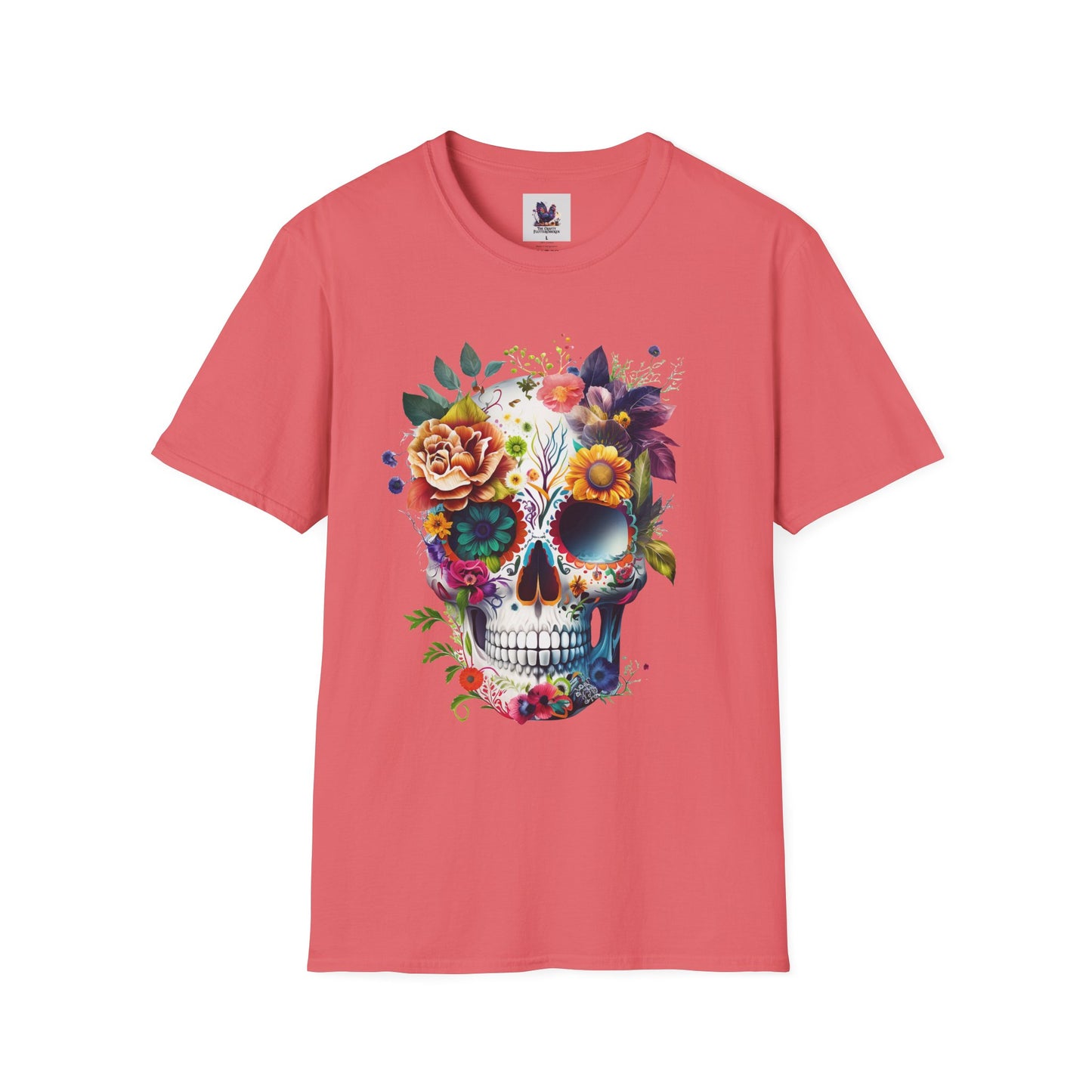 Colorful Sugar Skull with Flowers Art Unisex Softstyle T-Shirt, Colorful Tee, Cute Graphic Shirt