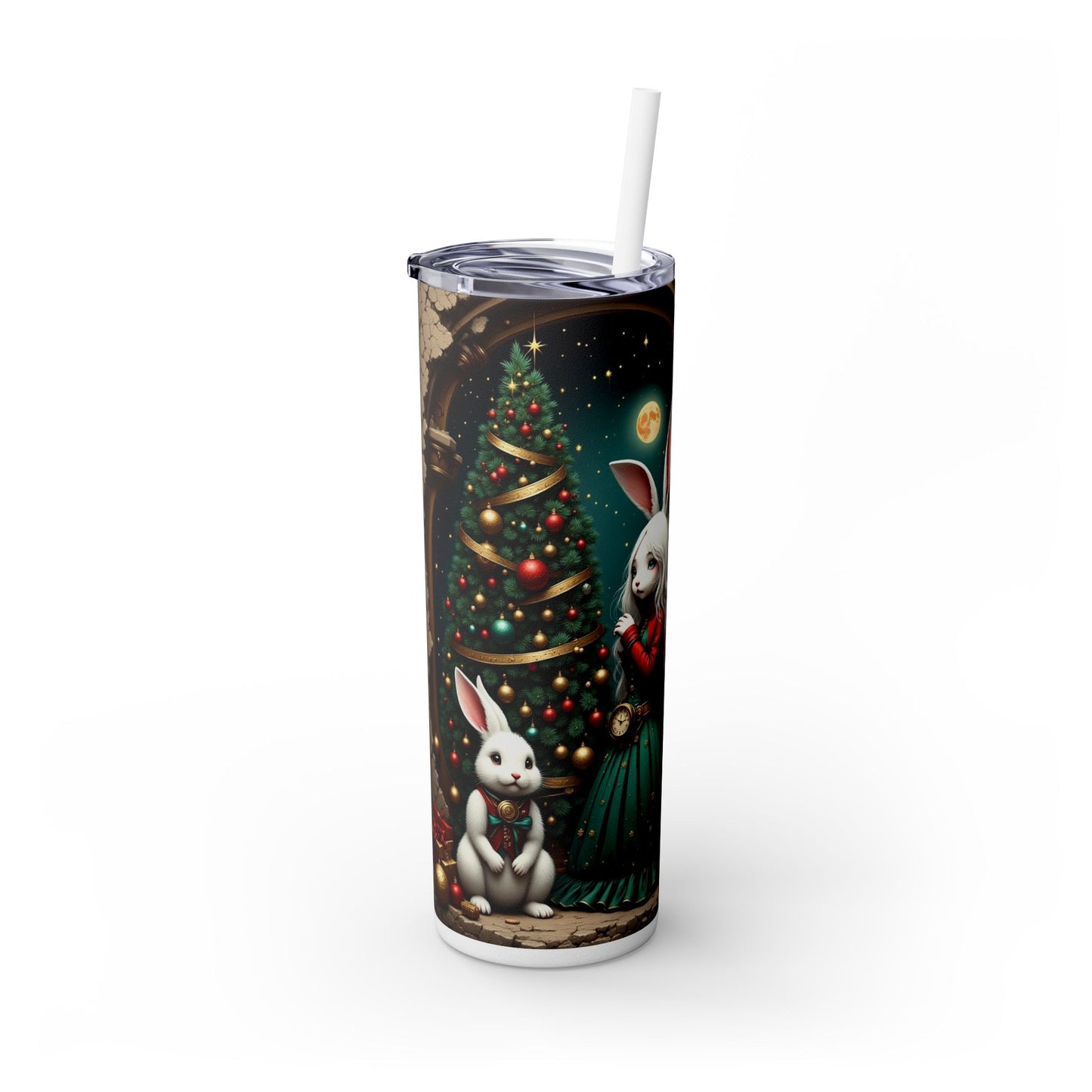 Christmas Rabbit Tumbler, 20oz Skinny Tumbler with Straw, Holiday Drinkware, Cute Bunny Decor, Winter Gift for Dog Lovers, Festive Cup