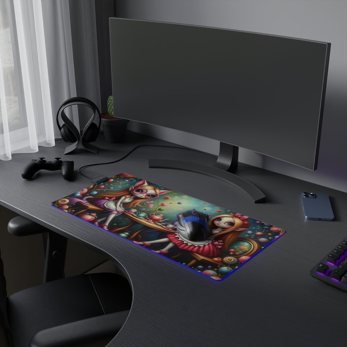 LED Whimsical Gaming Mouse Pad Featuring Playful Fairies and Cat, Alice in Wonderland theme