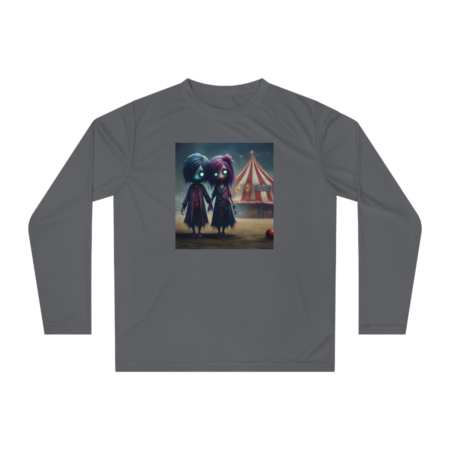 Eerie Circus Long Sleeve Performance Shirt, Unisex Athletic Wear, Spooky Costume Tee, Halloween Apparel, Unique Gift Idea