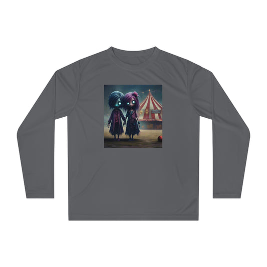 Eerie Circus Long Sleeve Performance Shirt, Unisex Athletic Wear, Spooky Costume Tee, Halloween Apparel, Unique Gift Idea