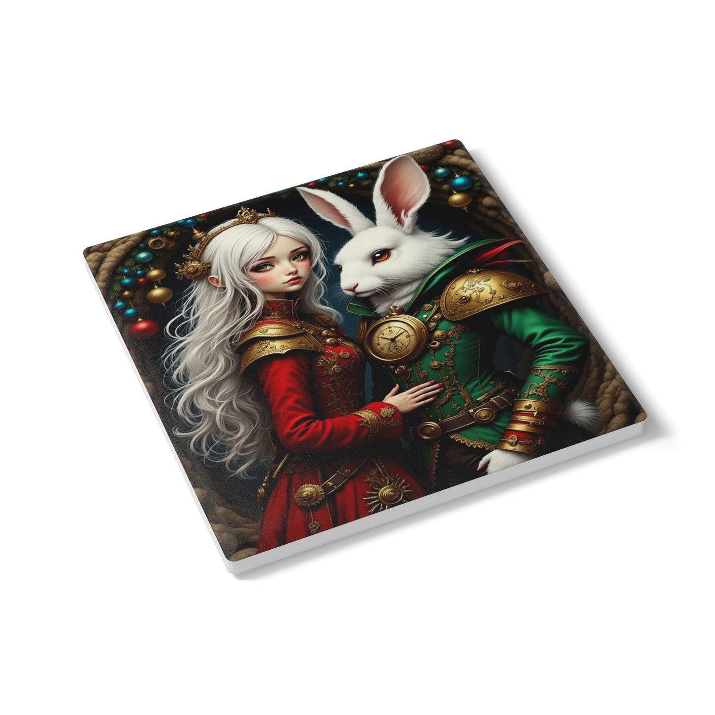 Fantasy Art Ceramic Coaster, Whimsical Drink Coaster, Unique Home Decor, Gift for Rabbit Lovers, Fairy Tale Theme, Holiday Party Essential