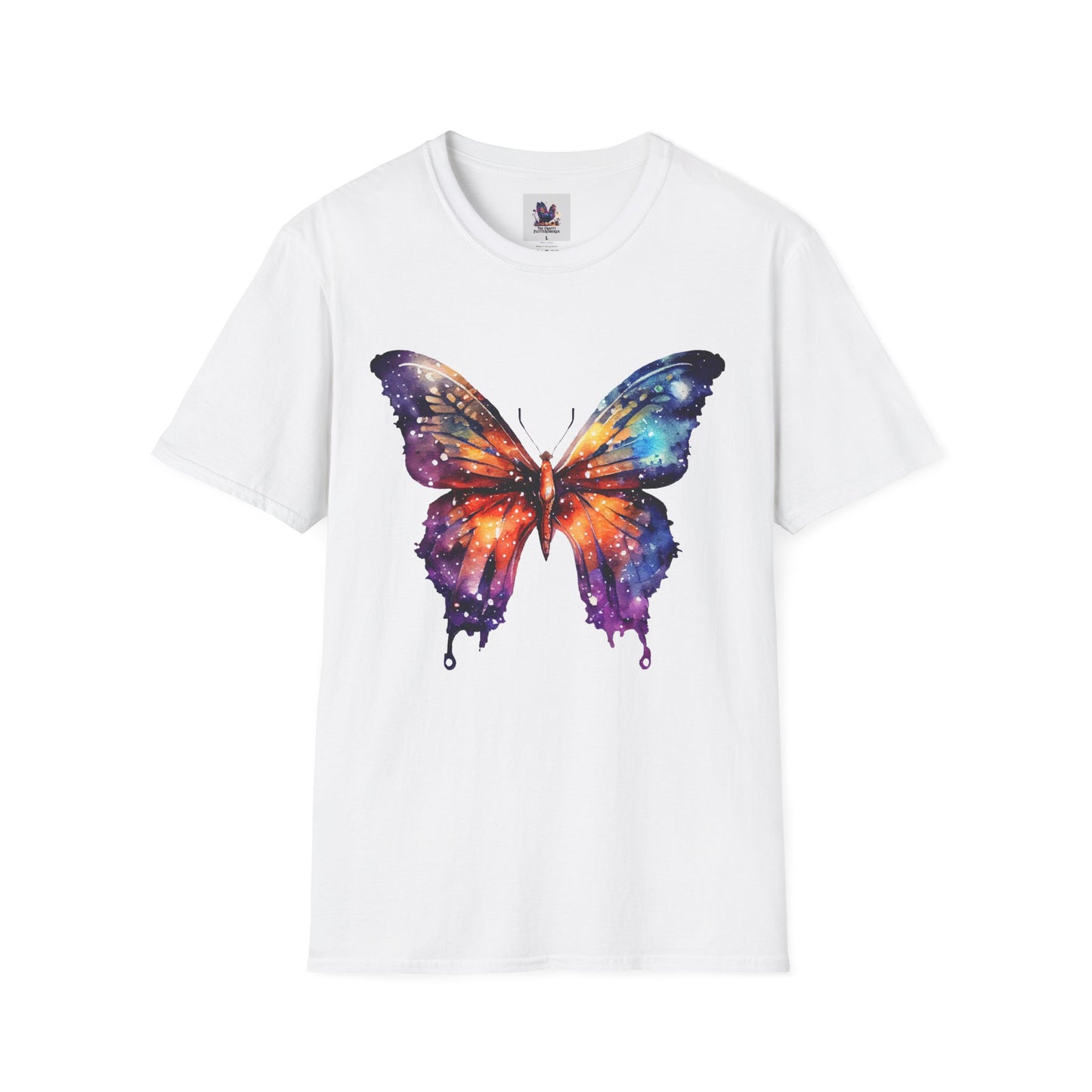 Colorful Space Butterfly Art Unisex Softstyle T-Shirt, Colorful Tee, Nature-Inspired Apparel, Cute Graphic Shirt