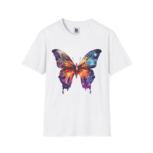 Colorful Space Butterfly Art Unisex Softstyle T-Shirt, Colorful Tee, Nature-Inspired Apparel, Cute Graphic Shirt