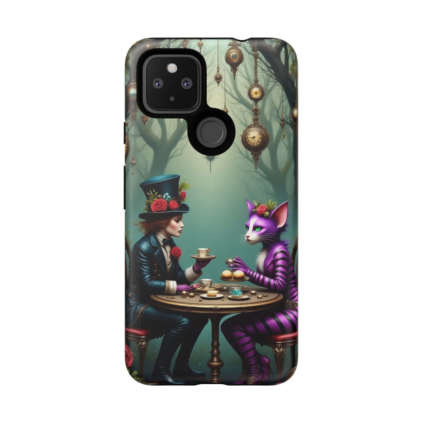 Whimsical Phone Case with Cat and Mad Hatter Design, Perfect for Gifting, Fantasy Lovers, Tea Party Theme, Tough Cases