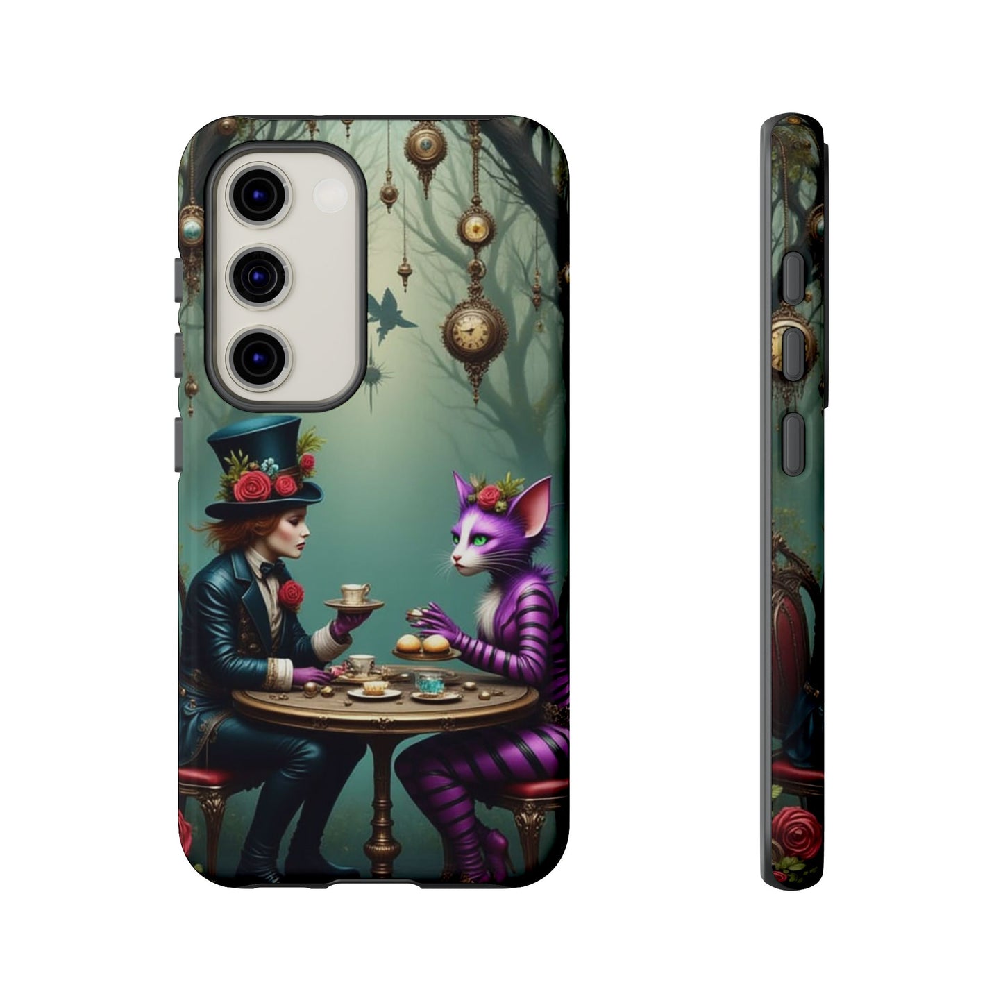 Whimsical Phone Case with Cat and Mad Hatter Design, Perfect for Gifting, Fantasy Lovers, Tea Party Theme, Tough Cases