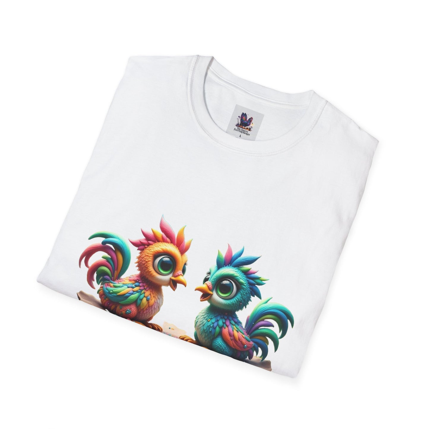 Colorful Kooky Chickens Willow & Sage Art Unisex Softstyle T-Shirt, Colorful Tee, Nature-Inspired Apparel, Cute Graphic Shirt