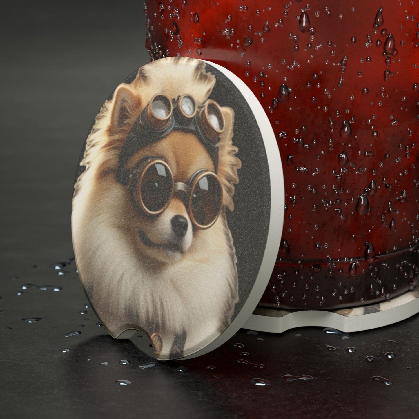 Steampunk Pomeranian Dog Car Coaster, Cute Pet Accessory, Car Interior Decor, Gift for Dog Lovers, Pomeranian Coaster
