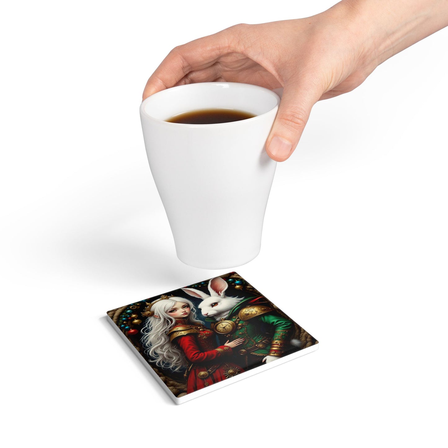 Fantasy Art Ceramic Coaster, Whimsical Drink Coaster, Unique Home Decor, Gift for Rabbit Lovers, Fairy Tale Theme, Holiday Party Essential