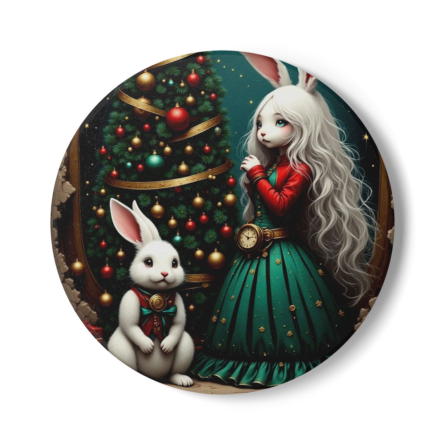 Whimsical Bunny Christmas Ceramic Coaster | Holiday Decor, Kitchen Gift, Winter Wonderland, Rabbit Lover Gift, Home Barware