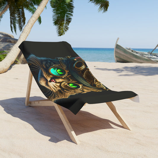Steampunk Cat Beach Towel - Fun Cat Lover Gift, Summer Accessory, Poolside Relaxation, Beach Day Essential