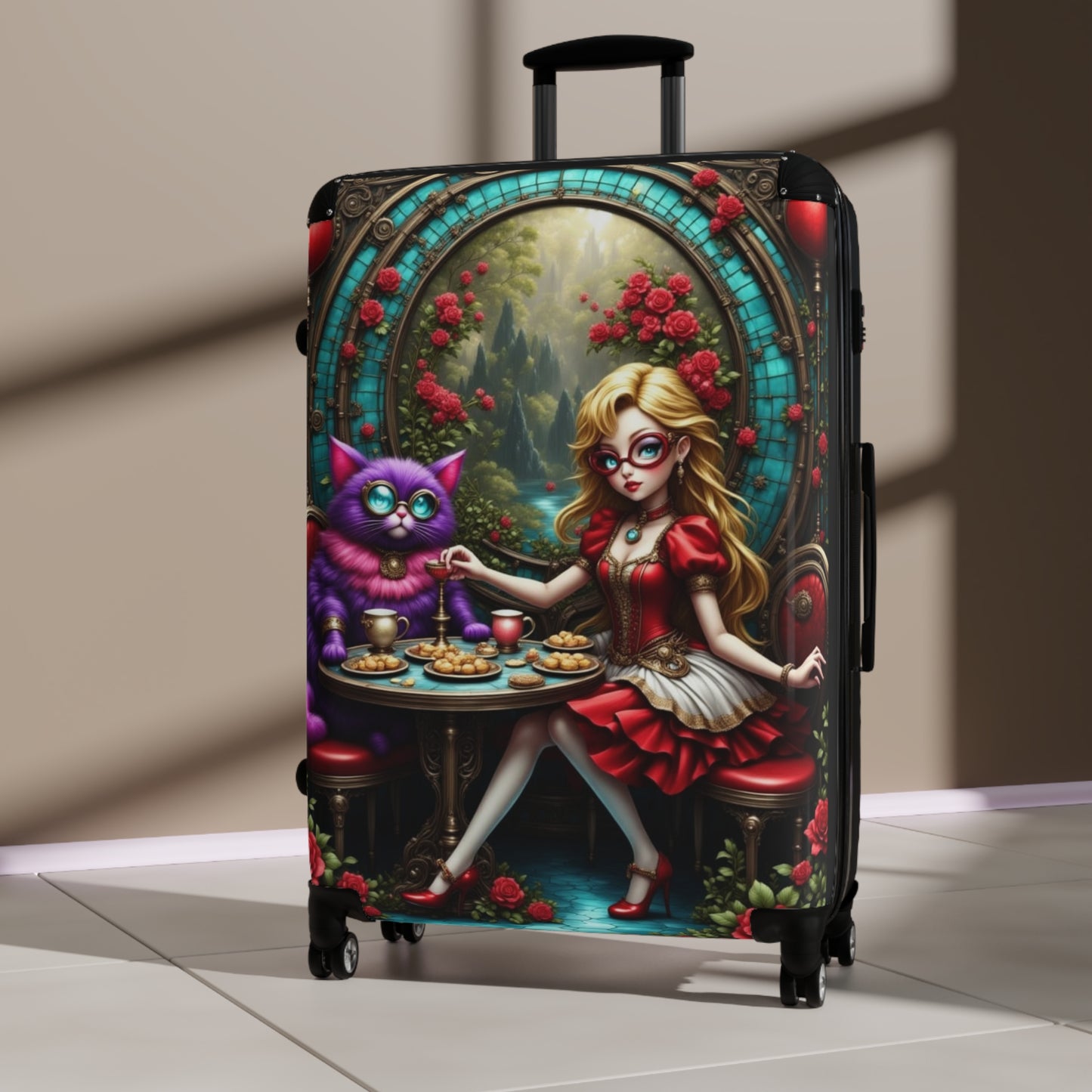 Alice in Wonderland Design, Whimsical Cat-Themed Suitcase, Carry-On Luggage, Travel Bag, Fun Vacation Accessory, Unique Gift Idea
