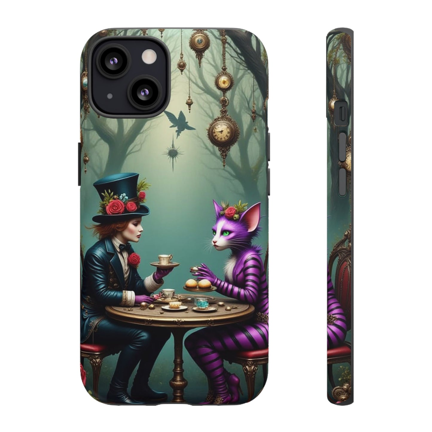 Whimsical Phone Case with Cat and Mad Hatter Design, Perfect for Gifting, Fantasy Lovers, Tea Party Theme, Tough Cases