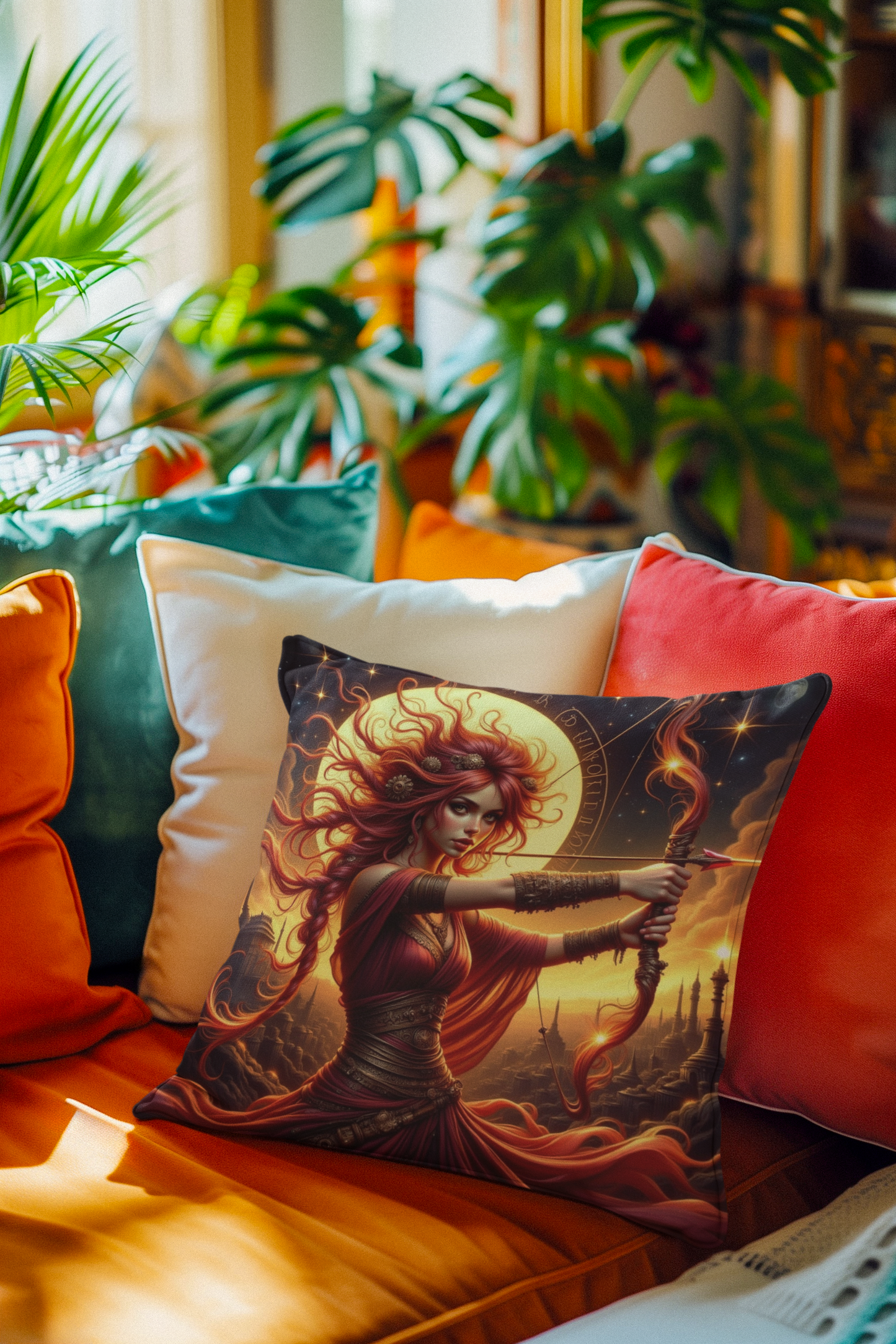 Zodiac Sagittarius, Fierce Goddess Square Pillow | Bohemian Decor, Fantasy Home Accessory, Gift for Her, Living Room Cushion, Couch Throw Pillow