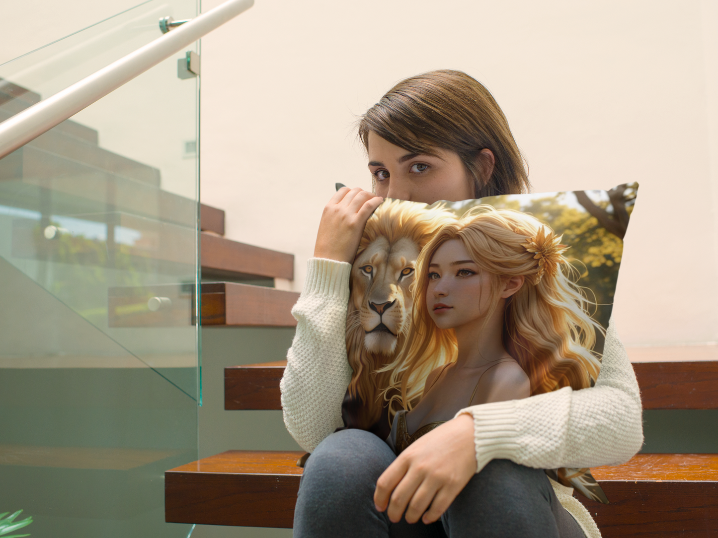 Zodiac Leo, Lion and Woman Art Pillow, Decorative Throw Cushion, Bohemian Home Decor, Gift for Animal Lovers, Living Room Accent