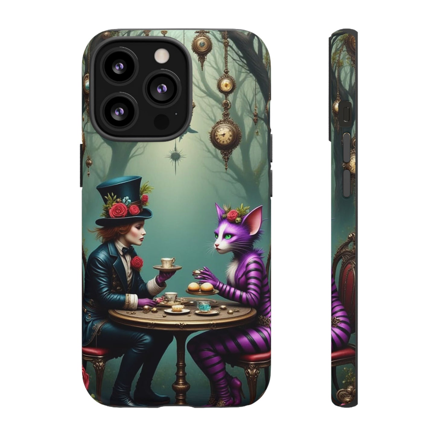 Whimsical Phone Case with Cat and Mad Hatter Design, Perfect for Gifting, Fantasy Lovers, Tea Party Theme, Tough Cases
