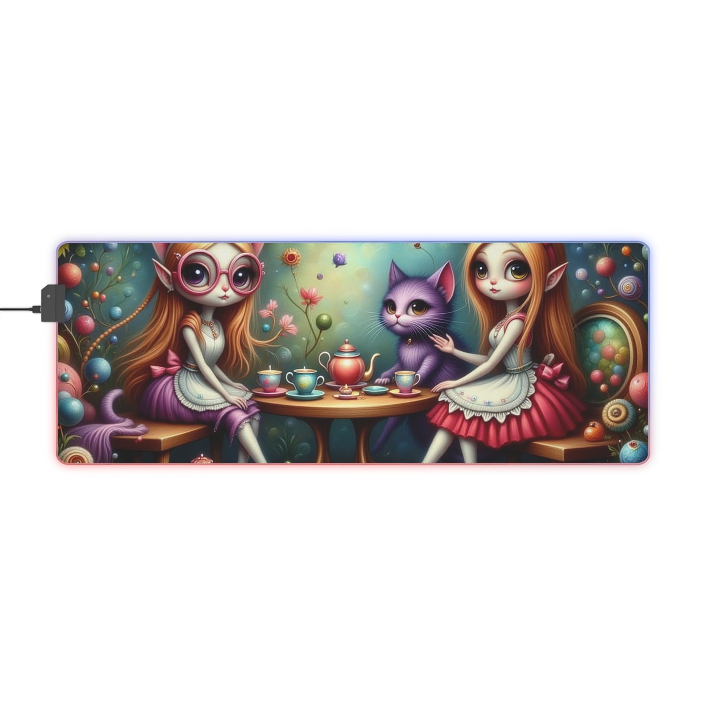 LED Whimsical Gaming Mouse Pad Featuring Playful Fairies and Cat, Alice in Wonderland theme