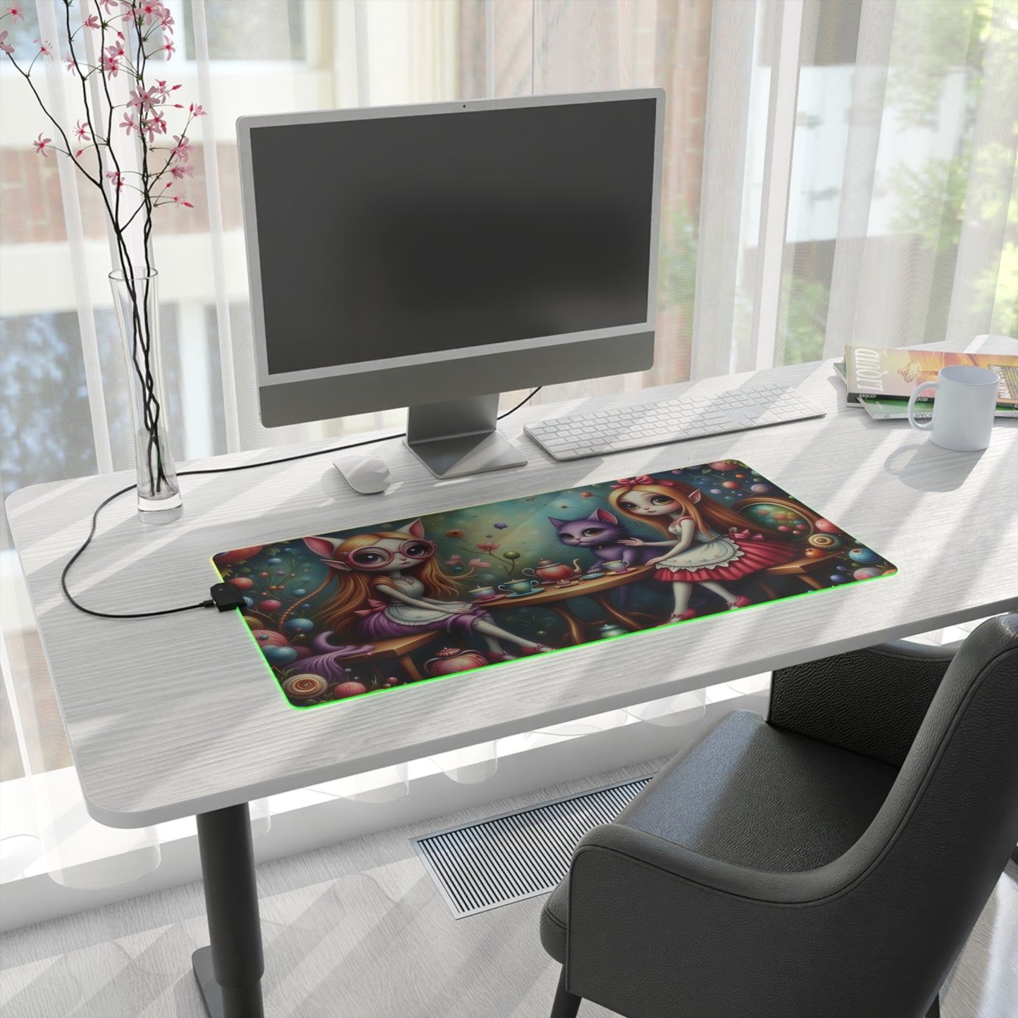 LED Whimsical Gaming Mouse Pad Featuring Playful Fairies and Cat, Alice in Wonderland theme
