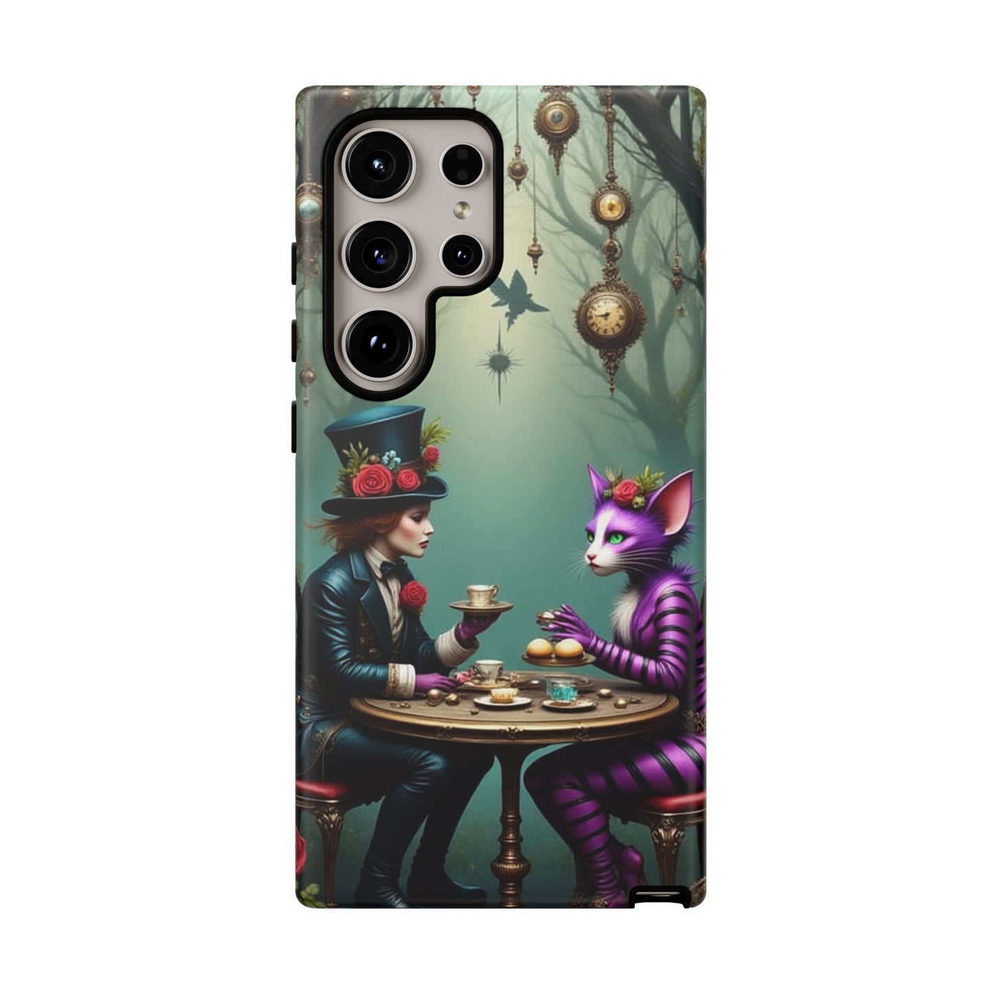 Whimsical Phone Case with Cat and Mad Hatter Design, Perfect for Gifting, Fantasy Lovers, Tea Party Theme, Tough Cases