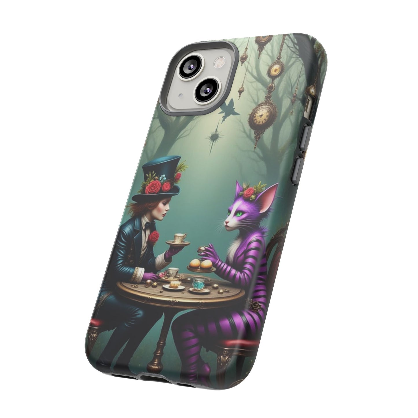 Whimsical Phone Case with Cat and Mad Hatter Design, Perfect for Gifting, Fantasy Lovers, Tea Party Theme, Tough Cases