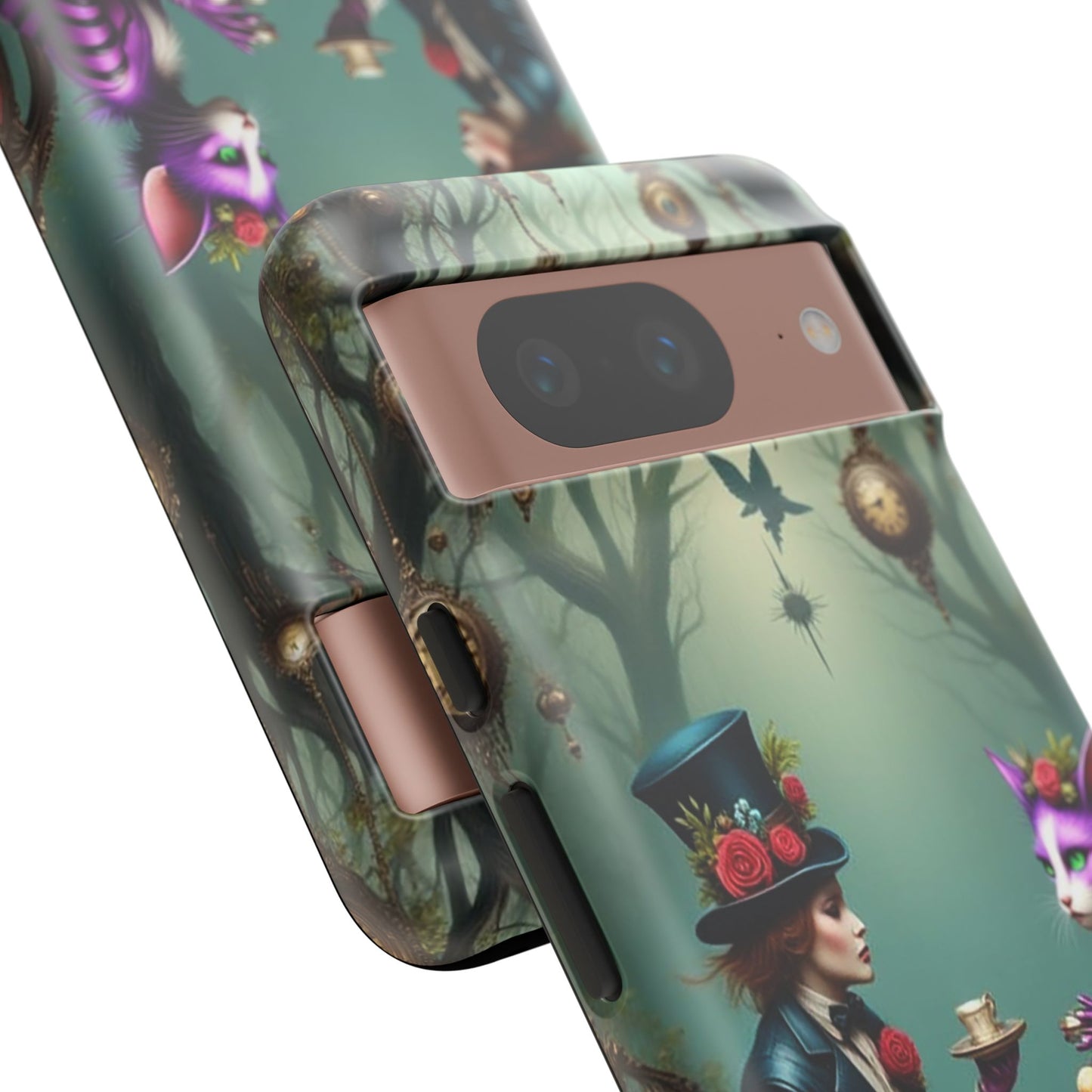 Whimsical Phone Case with Cat and Mad Hatter Design, Perfect for Gifting, Fantasy Lovers, Tea Party Theme, Tough Cases