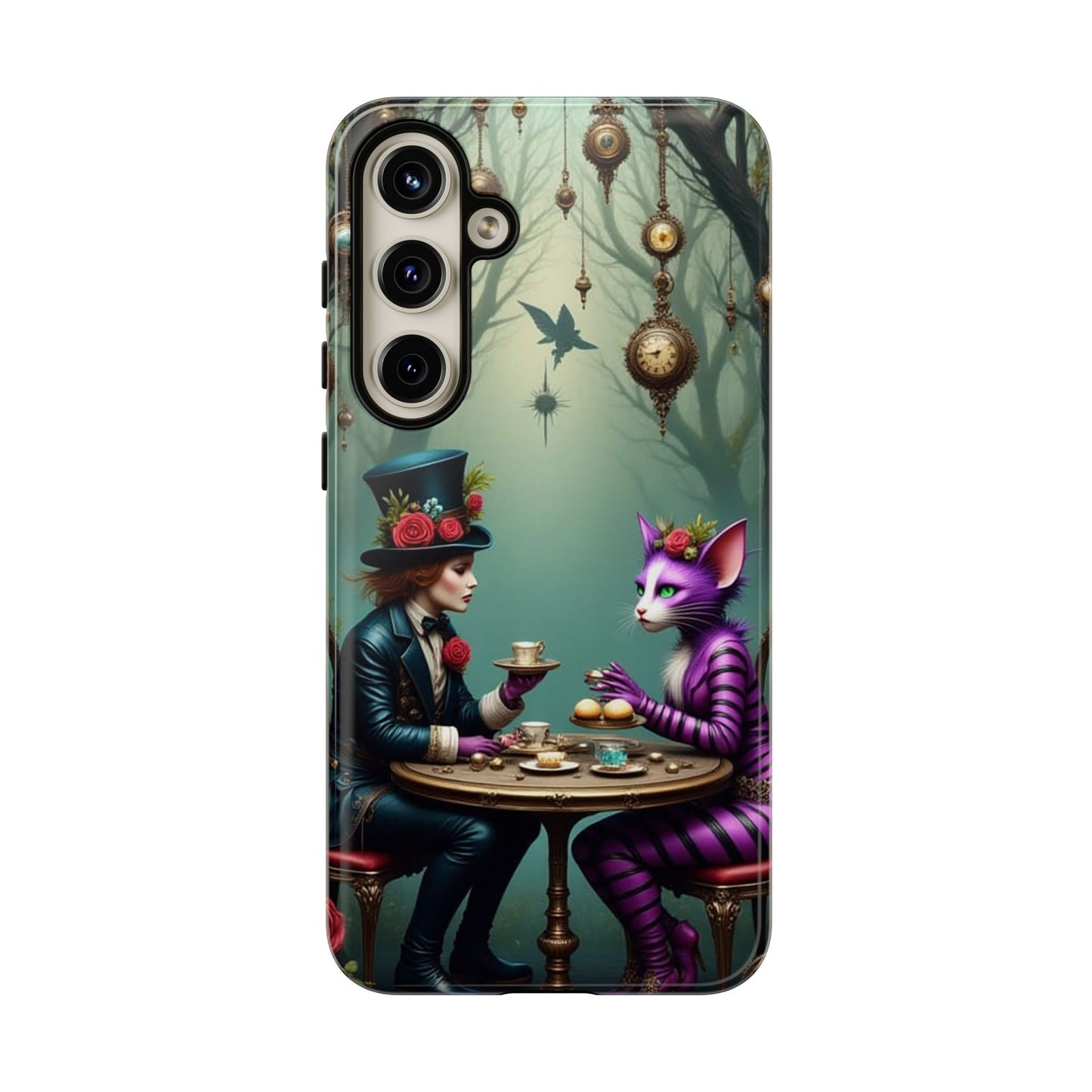 Whimsical Phone Case with Cat and Mad Hatter Design, Perfect for Gifting, Fantasy Lovers, Tea Party Theme, Tough Cases