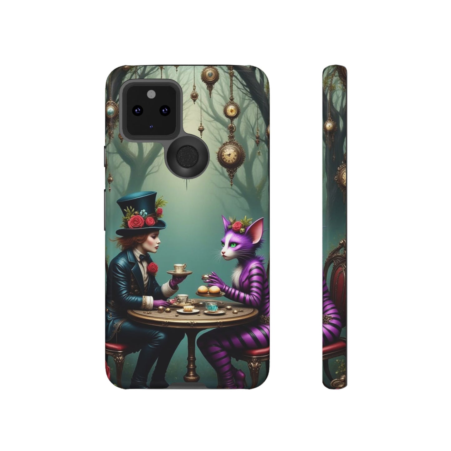 Whimsical Phone Case with Cat and Mad Hatter Design, Perfect for Gifting, Fantasy Lovers, Tea Party Theme, Tough Cases
