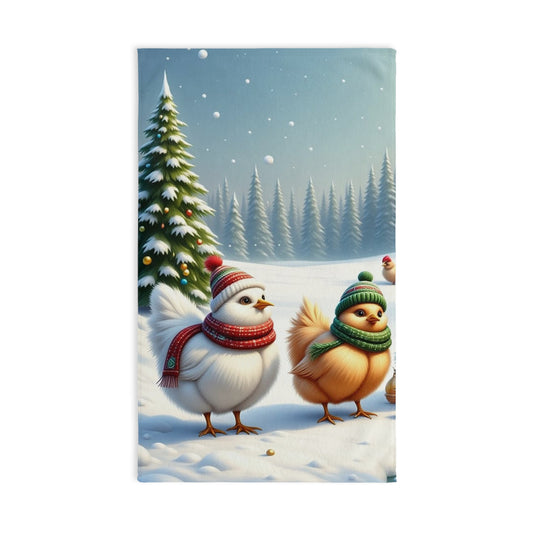 Winter Chickens Hand Towel, Cozy Kitchen Decor, Holiday Gift, Farmhouse Style, Cute Snowy Towels