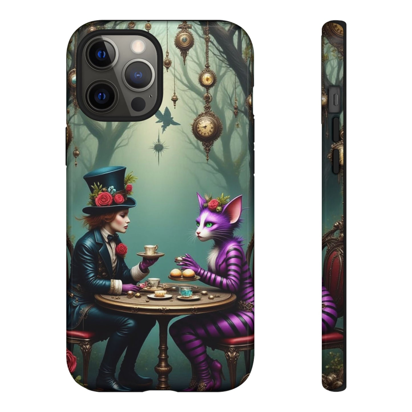 Whimsical Phone Case with Cat and Mad Hatter Design, Perfect for Gifting, Fantasy Lovers, Tea Party Theme, Tough Cases