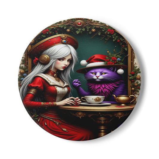 Whimsical Christmas Cat Coaster, Holiday Drinkware, Cute Pet Gift, Vintage Style, Festive Home Decor, Unique Gift Idea