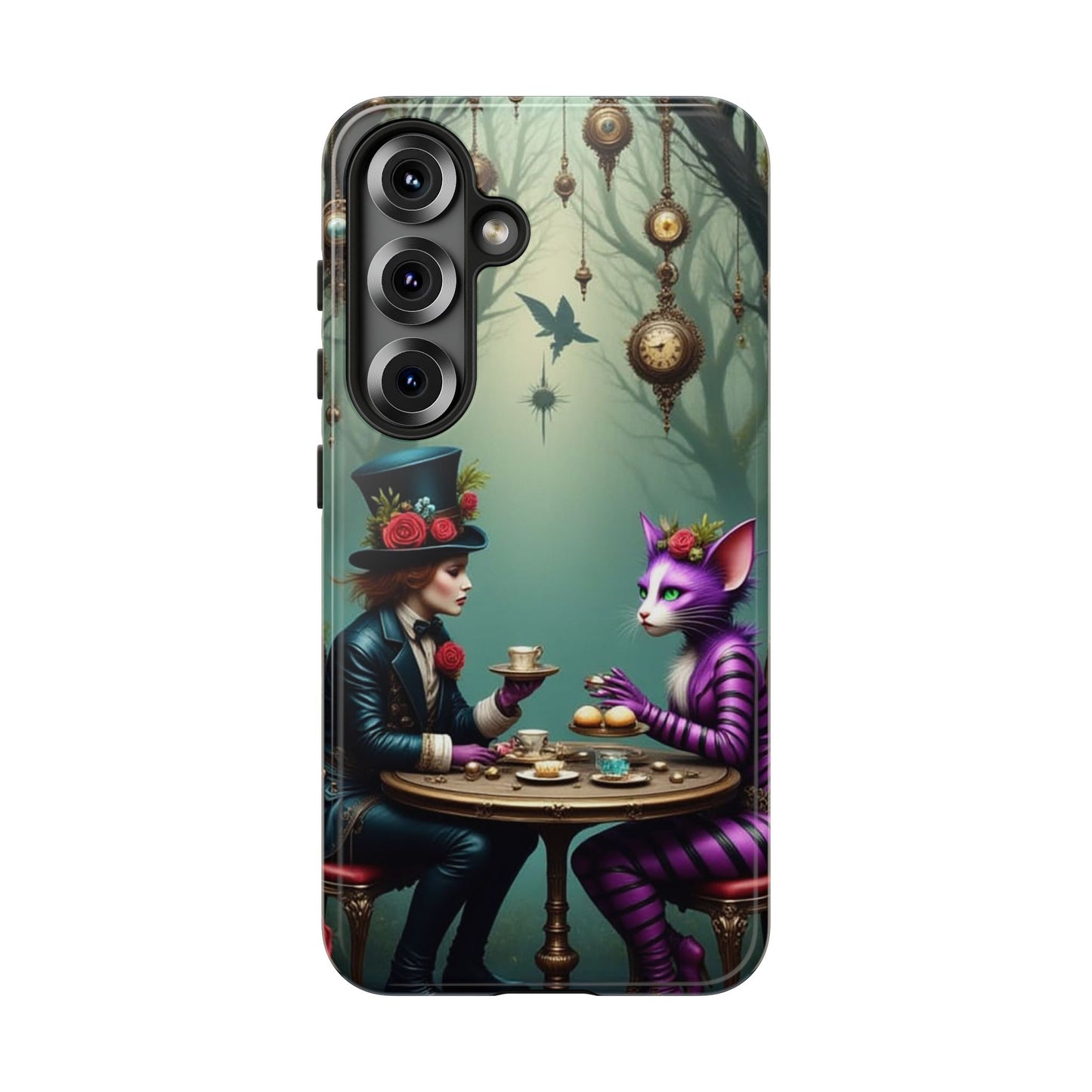 Whimsical Phone Case with Cat and Mad Hatter Design, Perfect for Gifting, Fantasy Lovers, Tea Party Theme, Tough Cases