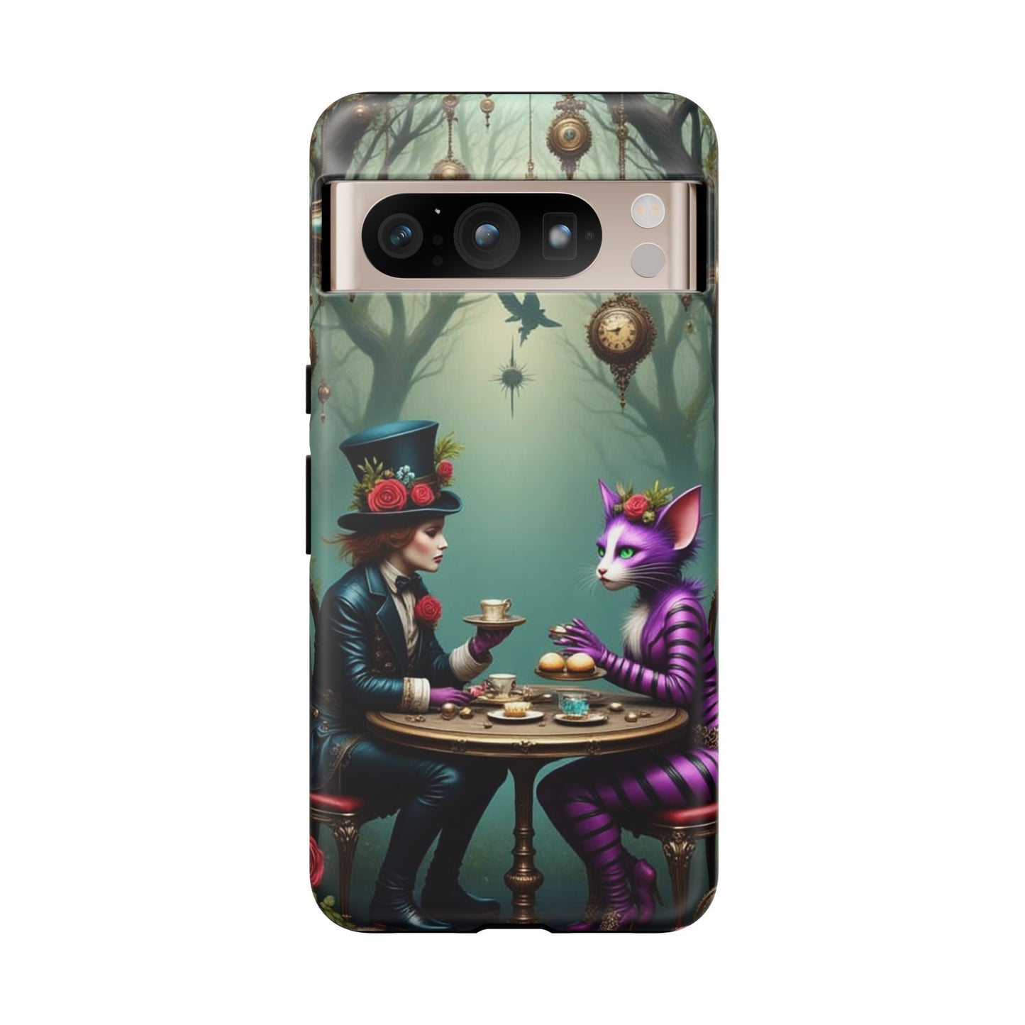 Whimsical Phone Case with Cat and Mad Hatter Design, Perfect for Gifting, Fantasy Lovers, Tea Party Theme, Tough Cases