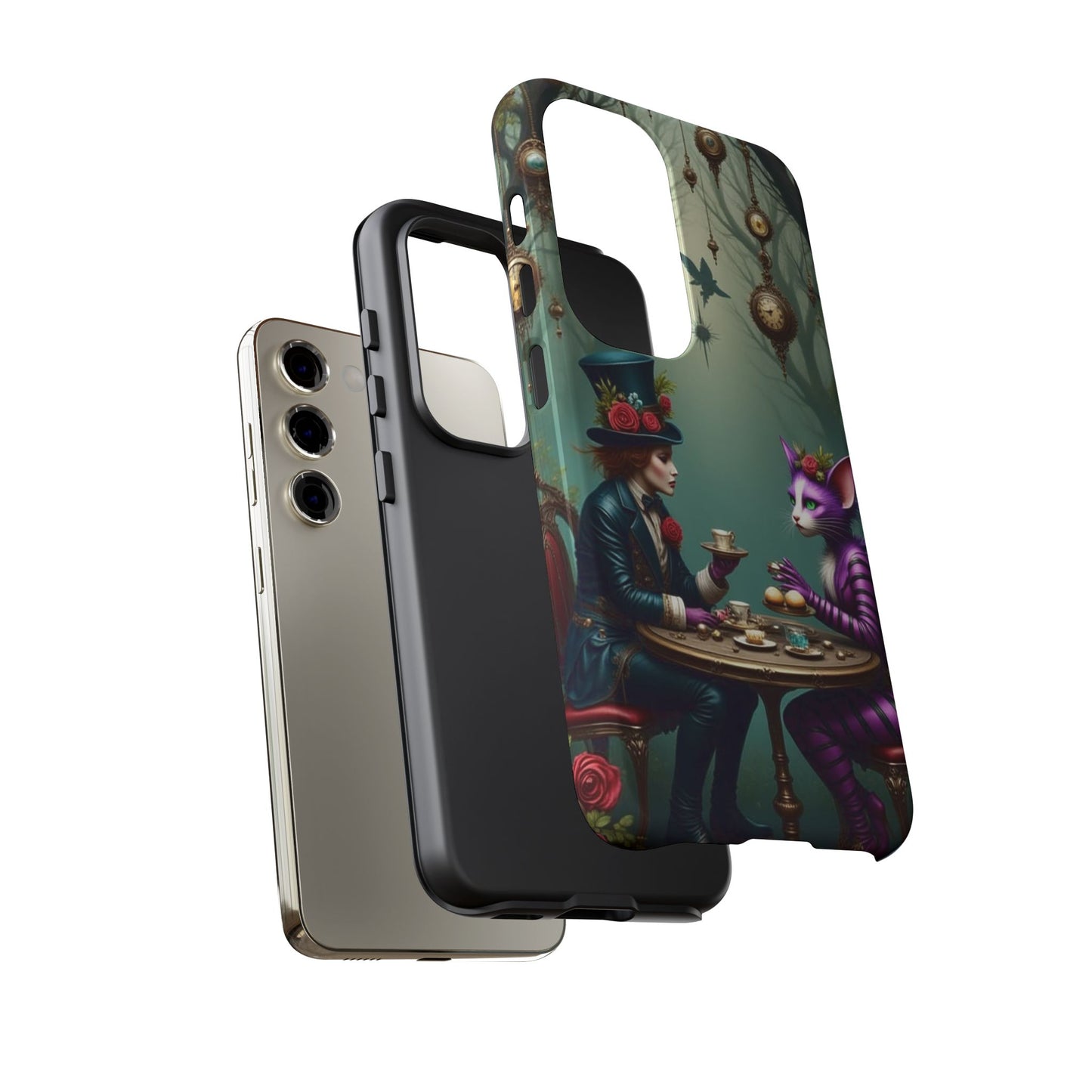Whimsical Phone Case with Cat and Mad Hatter Design, Perfect for Gifting, Fantasy Lovers, Tea Party Theme, Tough Cases