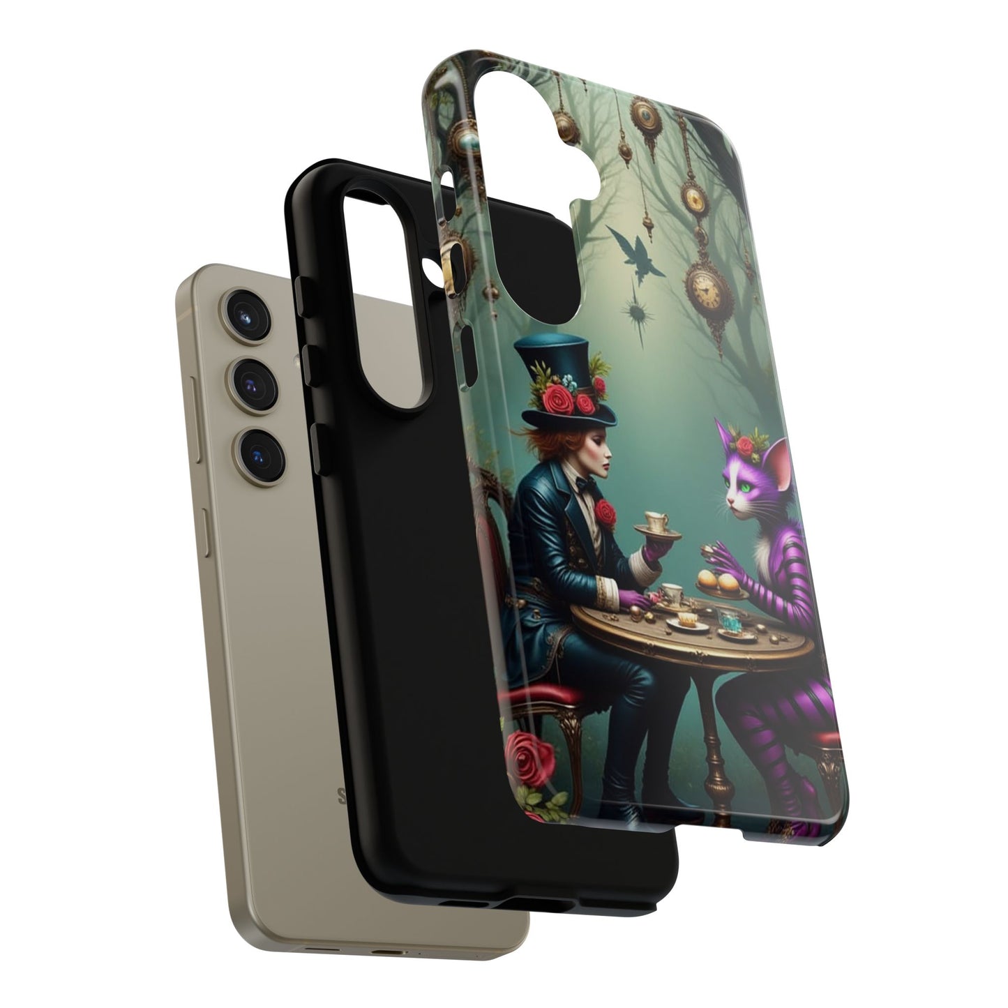 Whimsical Phone Case with Cat and Mad Hatter Design, Perfect for Gifting, Fantasy Lovers, Tea Party Theme, Tough Cases